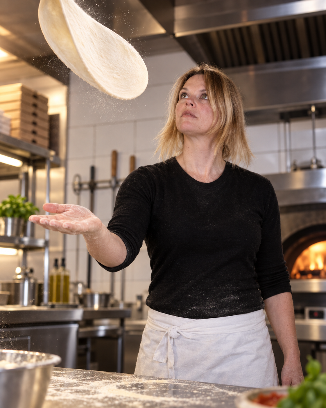 Pizzaiola Pizza Le Nomade lançant une pâte à pizza